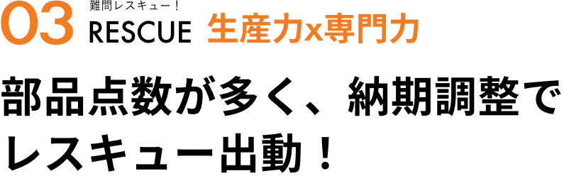 03 難問レスキュー！ 生産力×品質力 部品点数が多く、納期調整でレスキュー出動！